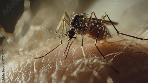 Close-Up View of a Mosquito Feeding on Human Skin in Natural Light photo