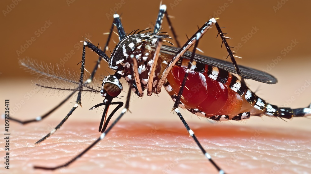 Close-up of a Mosquito on Skin with Detailed Features and Textures Close-up of a Mosquito on Skin with Detailed Features and Textures