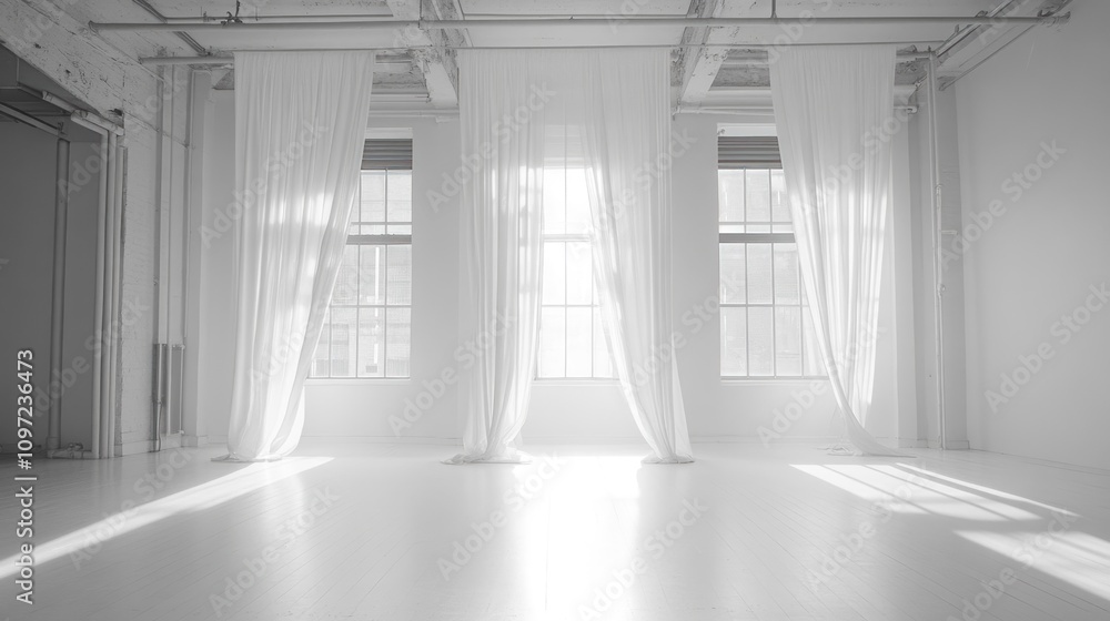 A bright, minimalist space with flowing curtains and large windows, creating a serene atmosphere. A bright, minimalist space with flowing curtains and large windows, creating a serene atmosphere.