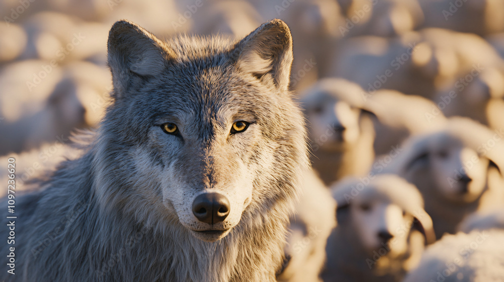 Naklejka premium Lone wolf stands amidst a flock of sheep, bathed in the warm glow of golden sunlight, creating a captivating scene of predator and prey