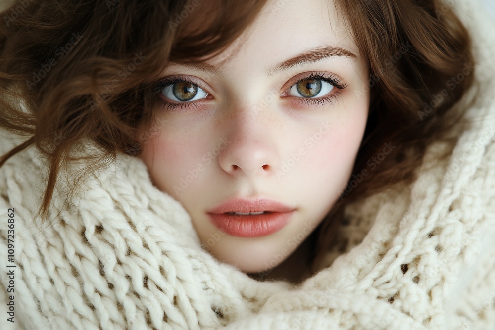 Close-up portrait of a young woman wrapped in a cozy knitted scarf. Close-up portrait of a young woman wrapped in a cozy knitted scarf.
