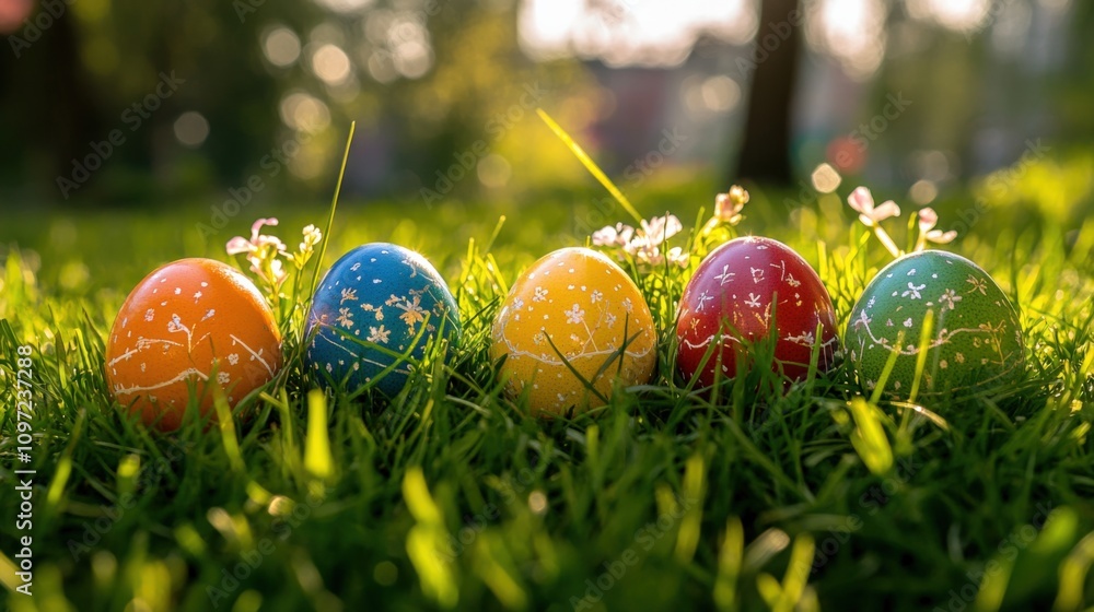 Colorful Easter Eggs in a Sunlit Green Garden Setting Colorful Easter Eggs in a Sunlit Green Garden Setting