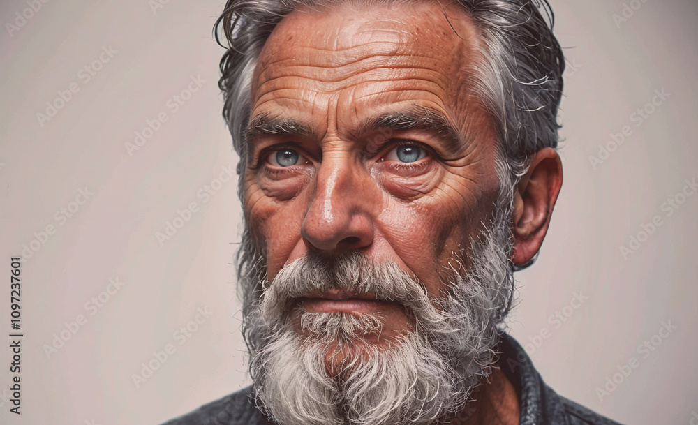A man with a beard and gray hair is looking at the camera. He has a serious expression on his face A man with a beard and gray hair is looking at the camera. He has a serious expression on his face