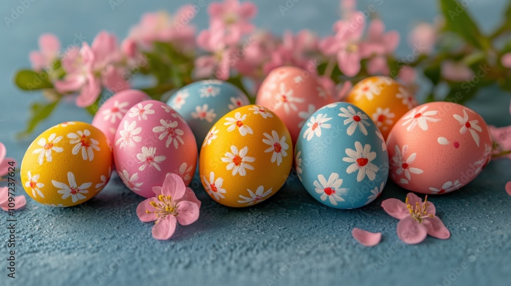 Colorful Hand-Painted Easter Eggs with Blossoms Colorful Hand-Painted Easter Eggs with Blossoms