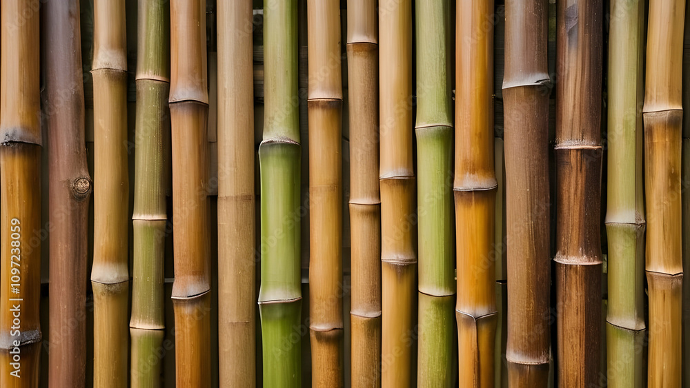Fototapeta premium Close-up of a bamboo fence with a warm brown tone, ideal for eco-friendly designs and tropical-themed wallpapers.