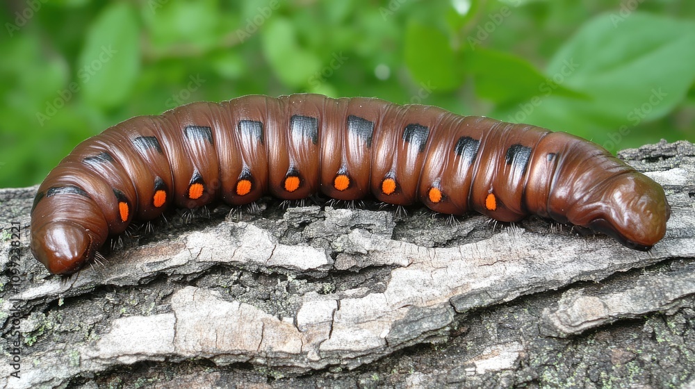 Vibrant Brown Caterpillar with Orange Spots on Bark Surface Vibrant Brown Caterpillar with Orange Spots on Bark Surface