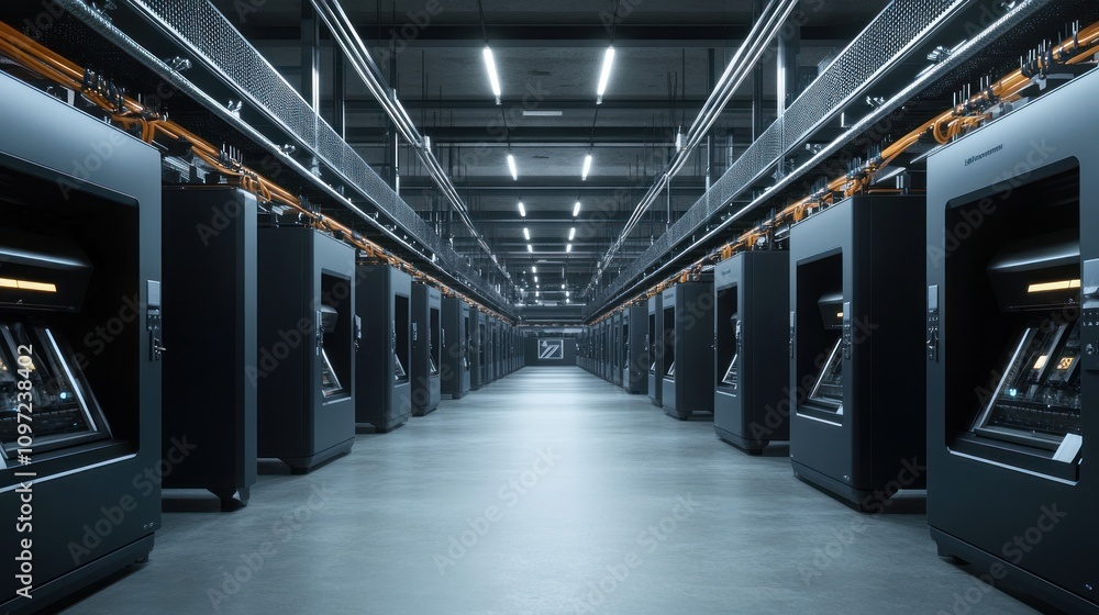 Obraz premium Spacious 3D printing facility, rows of large industrial printers, modern design