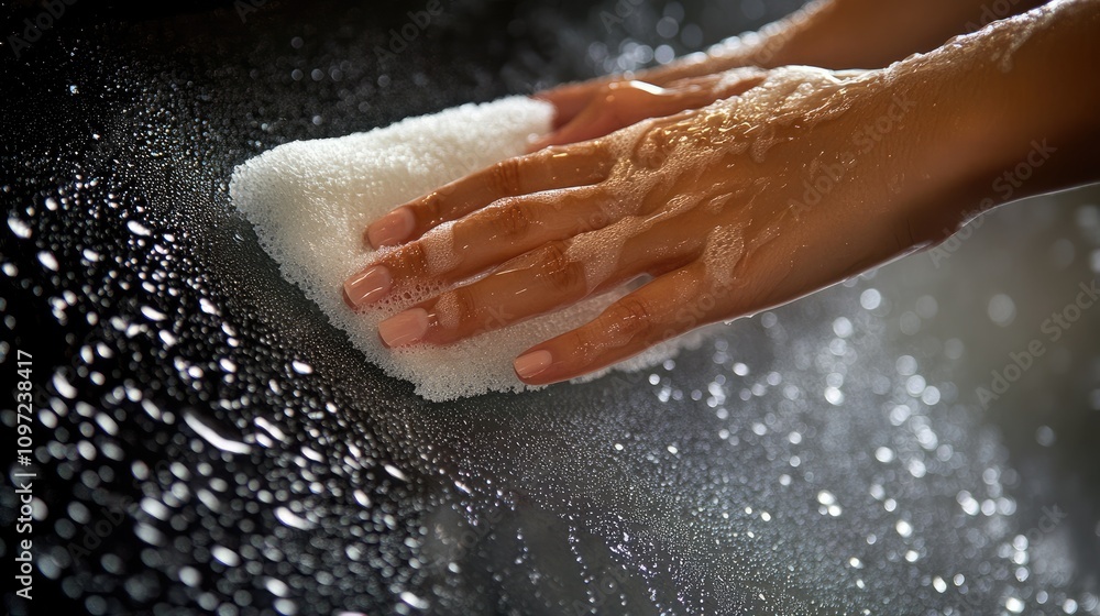 Fototapeta premium Hands Scrubbing Surface with Foam and Water Droplets Close-Up