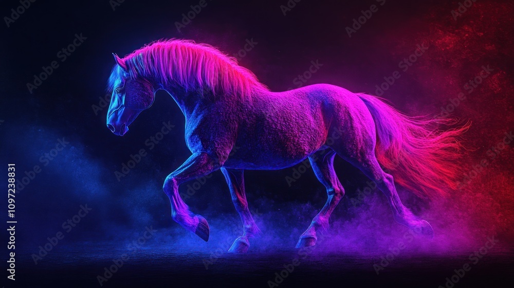 A vibrant digital artwork of a horse illuminated in neon colors against a dark background. A vibrant digital artwork of a horse illuminated in neon colors against a dark background.