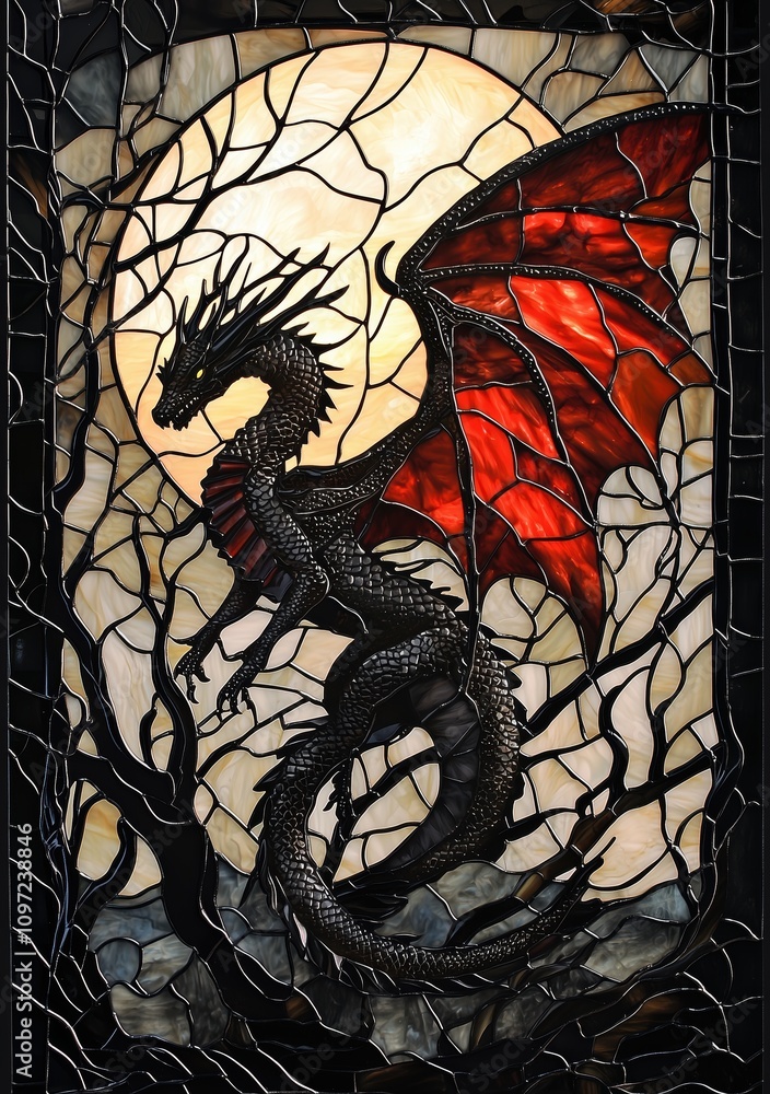 Stained glass window of a black dragon with fiery red wings. Glowing under a bright full moon.