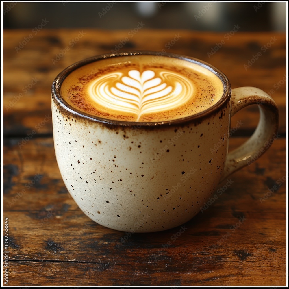 A beautifully crafted latte with intricate foam art in a speckled ceramic cup on a wooden table. A beautifully crafted latte with intricate foam art in a speckled ceramic cup on a wooden table.