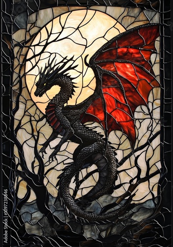 Obraz na płótnie Stained glass window of a black dragon with fiery red wings. Glowing under a bright full moon. w salonie