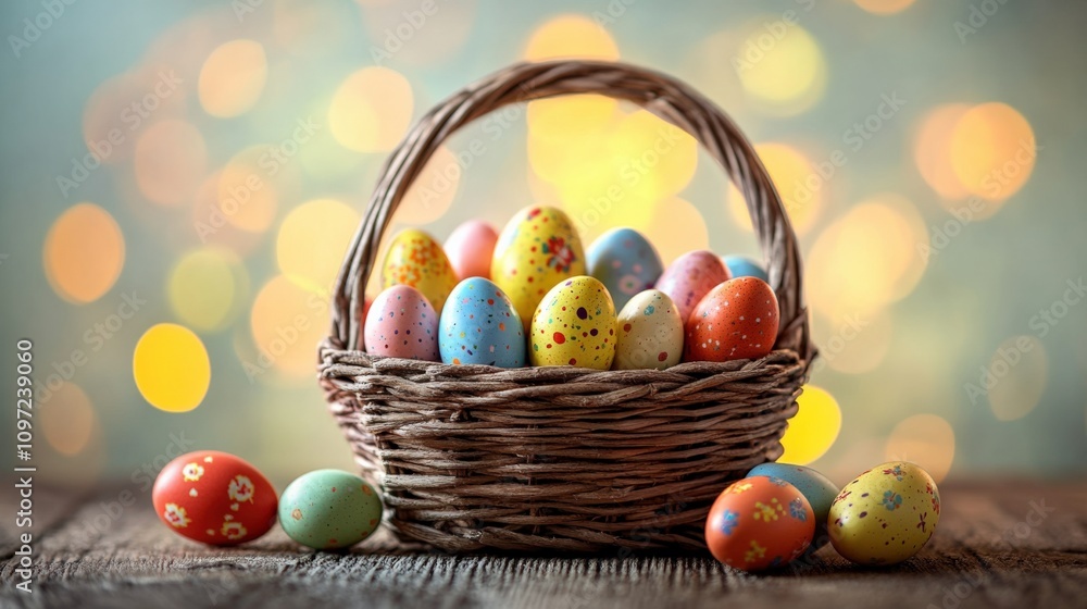 Colorful Easter Eggs in a Basket with a Soft Bokeh Background Colorful Easter Eggs in a Basket with a Soft Bokeh Background