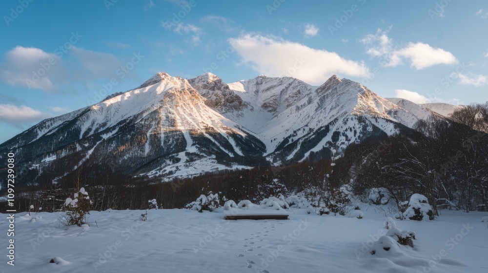 Fototapeta premium Snow-covered mountain and clear blue sky, showcasing winter serenity and rugged natural beauty.