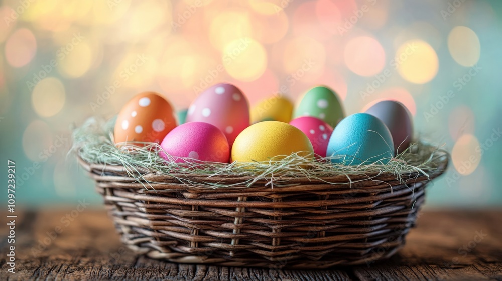 Vibrant Easter Eggs in a Rustic Basket with Soft Background Bokeh Vibrant Easter Eggs in a Rustic Basket with Soft Background Bokeh