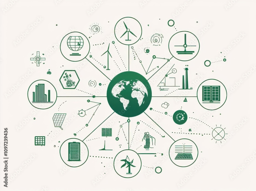 Green energy illustrations highlighting renewable technology and global impact Green energy illustrations highlighting renewable technology and global impact