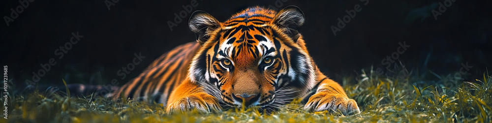 Fototapeta premium A majestic tiger resting on the grass, eyes fixed on the distance.