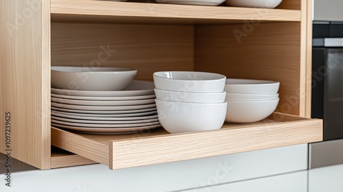 Modern Kitchen Shelf with White Bowls and Plates Displayed Neatly