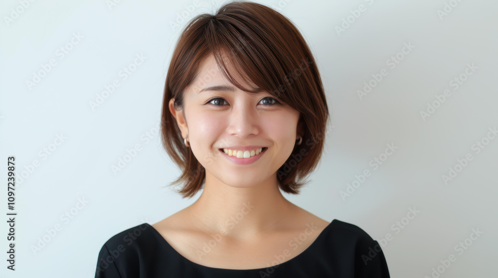 A joyful Asian woman radiates confidence with a bright smile, posing elegantly against a simple studio backdrop. A joyful Asian woman radiates confidence with a bright smile, posing elegantly against a simple studio backdrop.