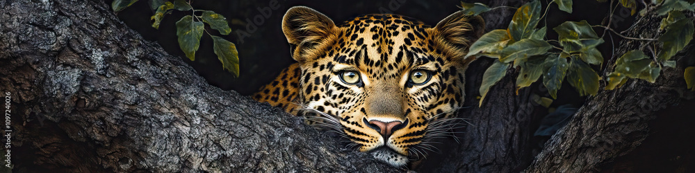 Obraz premium An elegant leopard in the shade of a tree, blending seamlessly into nature.
