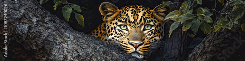 An elegant leopard in the shade of a tree, blending seamlessly into nature.