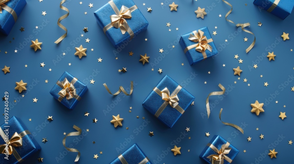 Elegant blue and gold gift boxes surrounded by stars and glittering confetti, creating a luxurious festive holiday aesthetic. Elegant blue and gold gift boxes surrounded by stars and glittering confetti, creating a luxurious festive holiday aesthetic.