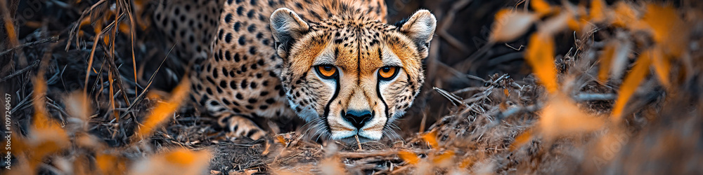 Obraz premium Stealthy Stalker: A cheetah crouching low to the ground, about to pounce on its prey.