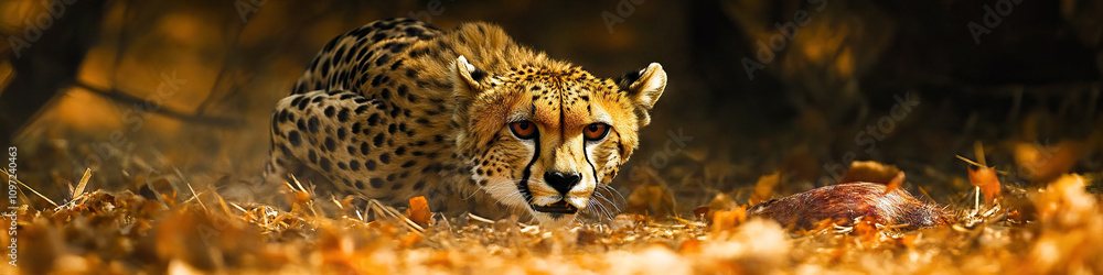 Stealthy Stalker: A cheetah crouching low to the ground, about to pounce on its prey. Stealthy Stalker: A cheetah crouching low to the ground, about to pounce on its prey.