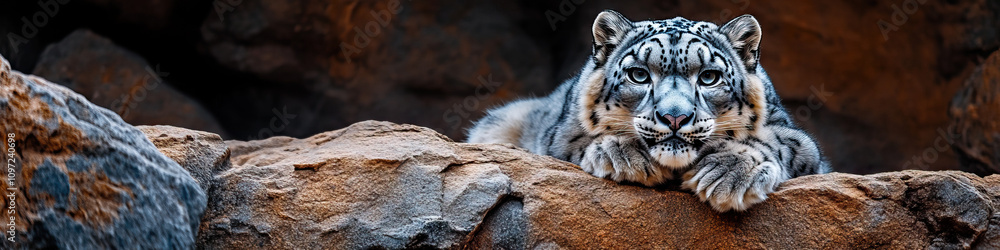 A rare snow leopard perched on a rock formation, staring directly at the camera. A rare snow leopard perched on a rock formation, staring directly at the camera.