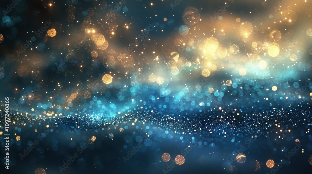 Golden and blue glittering bokeh lights on a dark background, evoking a magical and festive atmosphere. Golden and blue glittering bokeh lights on a dark background, evoking a magical and festive atmosphere.