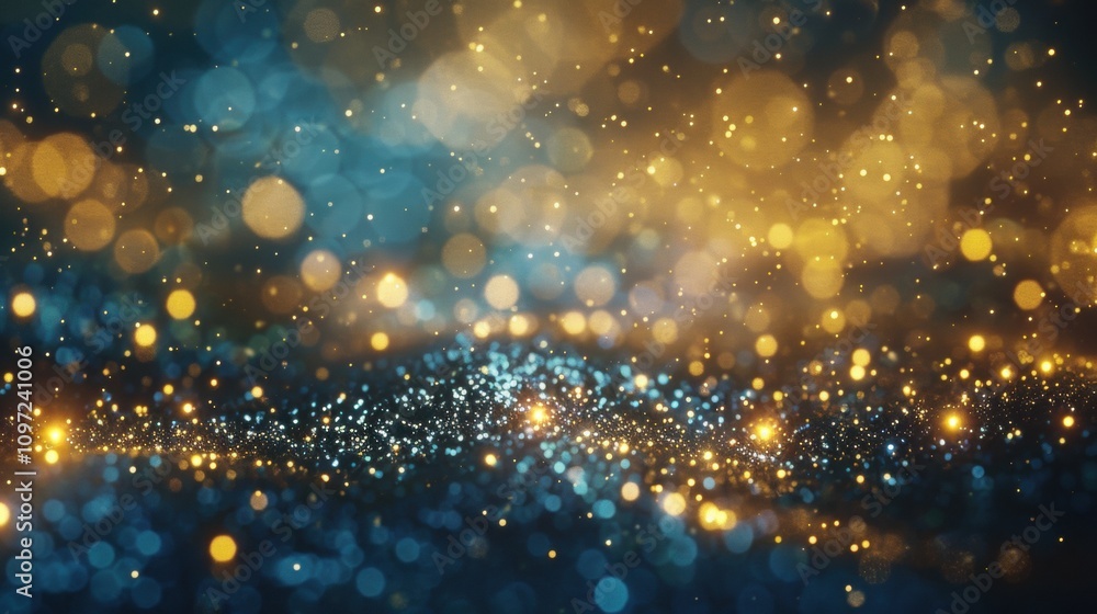 Golden and blue glittering bokeh lights on a dark background, evoking a magical and festive atmosphere. Golden and blue glittering bokeh lights on a dark background, evoking a magical and festive atmosphere.