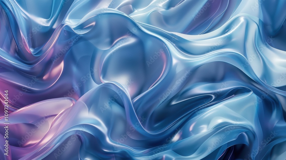 Fototapeta premium Wavy, silky texture in iridescent pastel shades of purple, blue, and pink, creating a fluid, elegant abstract pattern.