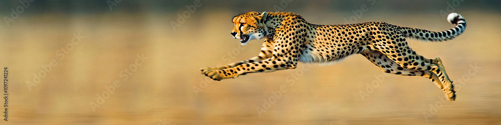 Naklejka premium A cheetah leaping high into the air, mid-pounce.