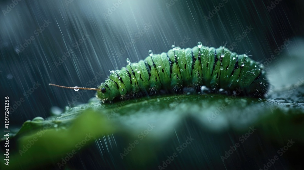Fototapeta premium Close-Up of Green Caterpillar on Leaf in Rainy Environment