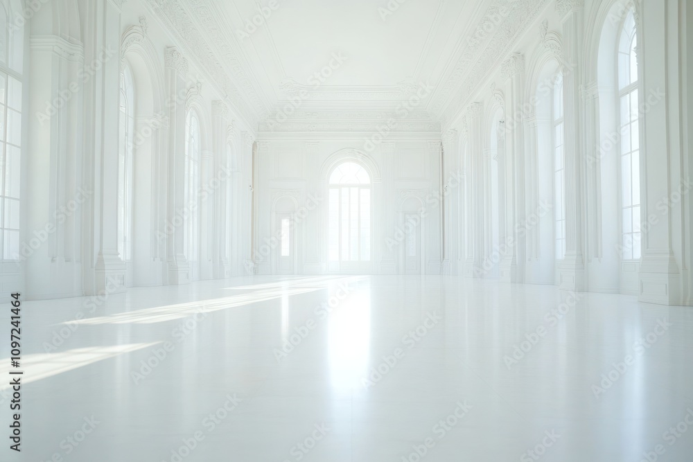 A bright, empty hall with large windows and a polished floor, evoking elegance and tranquility. A bright, empty hall with large windows and a polished floor, evoking elegance and tranquility.