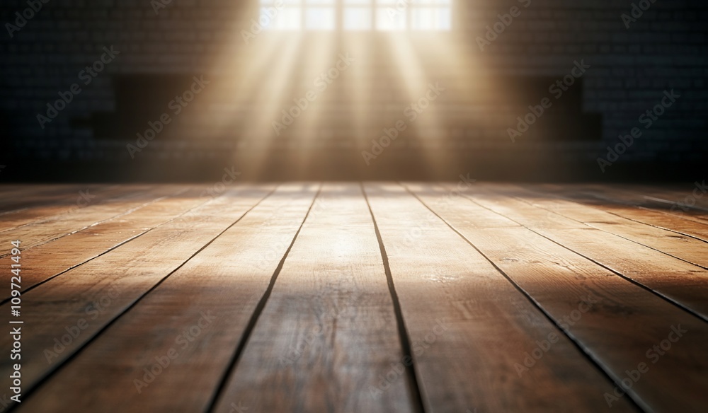 A sunlit wooden floor with beams of light illuminating the space. A sunlit wooden floor with beams of light illuminating the space.