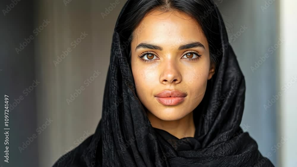 Captivating portrait of a young Muslim woman in a black hijab looking at the camera indoors. Captivating portrait of a young Muslim woman in a black hijab looking at the camera indoors.