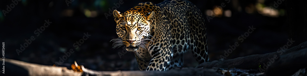 A lean leopard cautiously prowling through the shadows A lean leopard cautiously prowling through the shadows