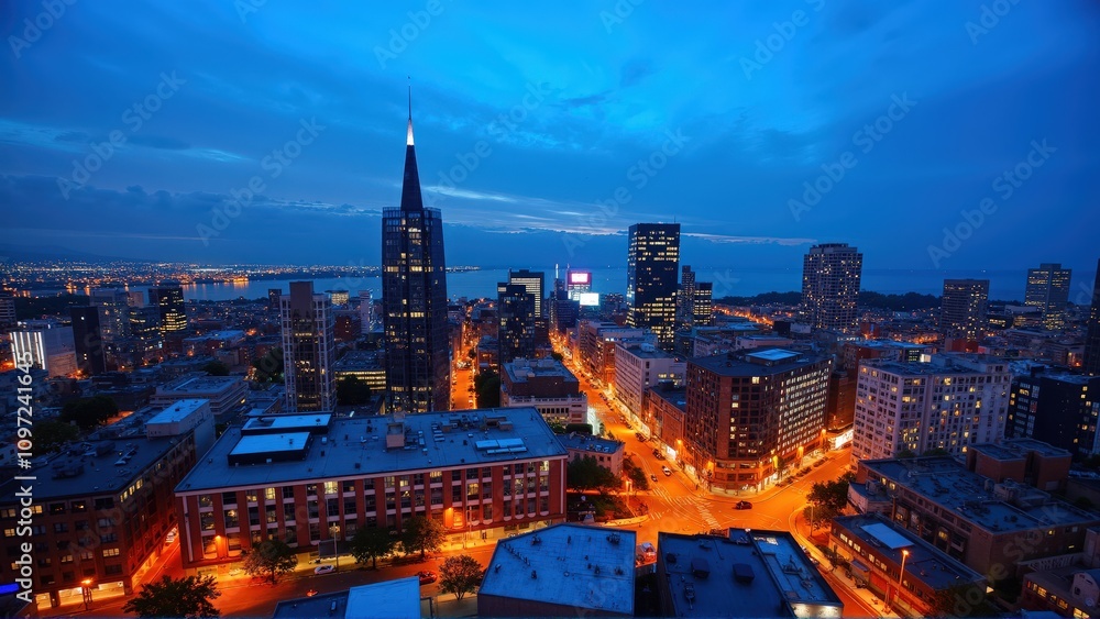 Fototapeta premium Generative AI, Dynamic Urban Skyline at Dusk