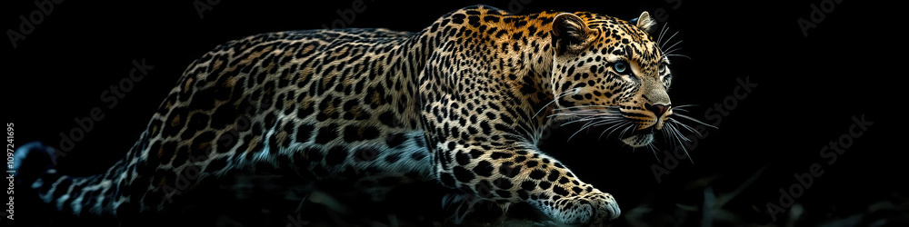 Naklejka premium A lean leopard cautiously prowling through the shadows