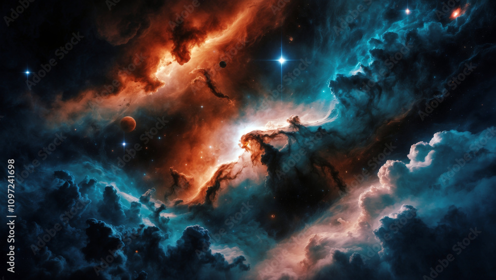 Expansive cosmic nebula with vibrant swirling clouds and stars Expansive cosmic nebula with vibrant swirling clouds and stars