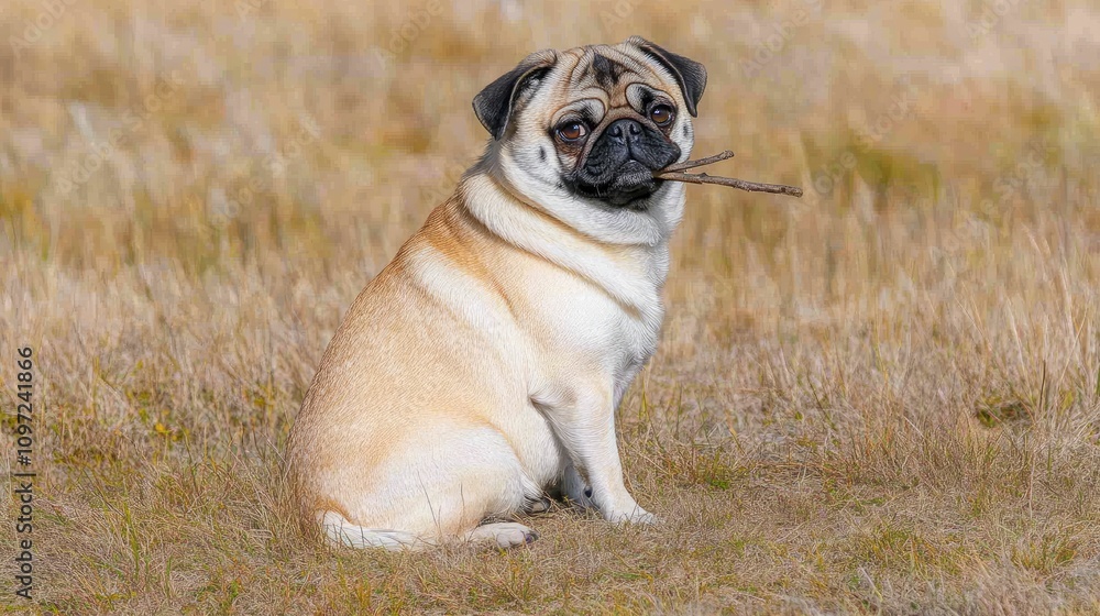 Playful pug sitting on grass with a stick in its mouth Playful pug sitting on grass with a stick in its mouth
