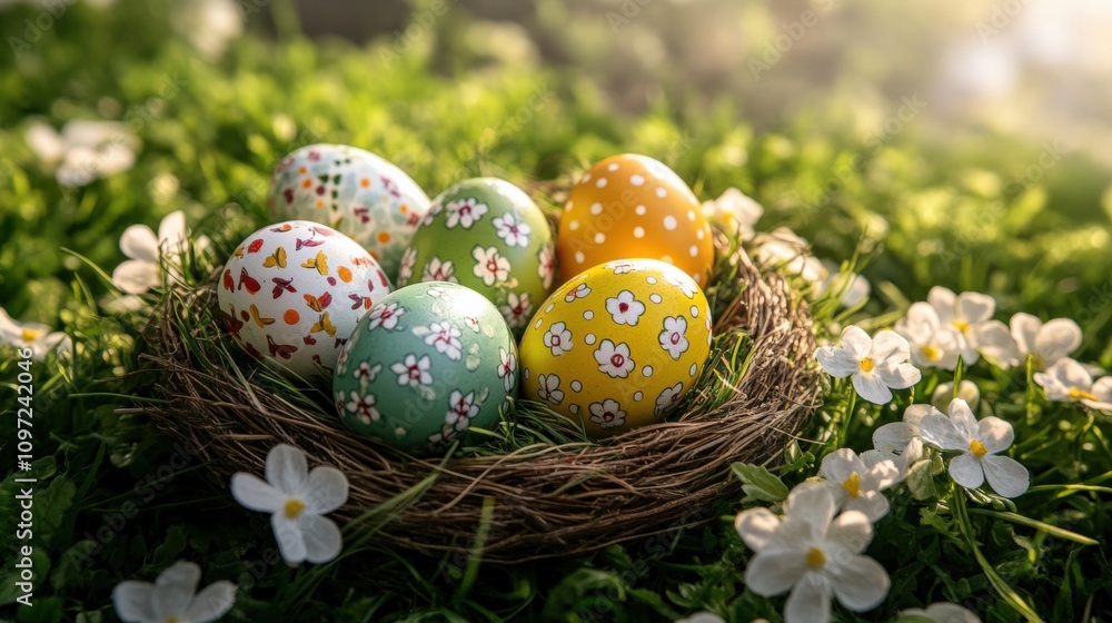 Vibrant Easter Eggs Nestled in a Flowered Meadow Vibrant Easter Eggs Nestled in a Flowered Meadow
