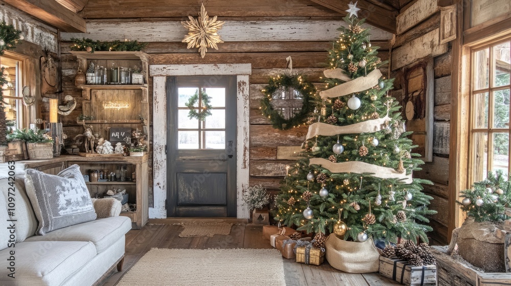 Cozy Christmas Cabin Interior with Tree and Festive Decorations Cozy Christmas Cabin Interior with Tree and Festive Decorations