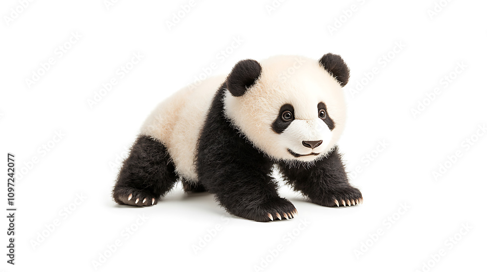Fototapeta premium cute panda bear with black and white fur, playfully exploring its surroundings. This adorable animal captures essence of wildlife and nature