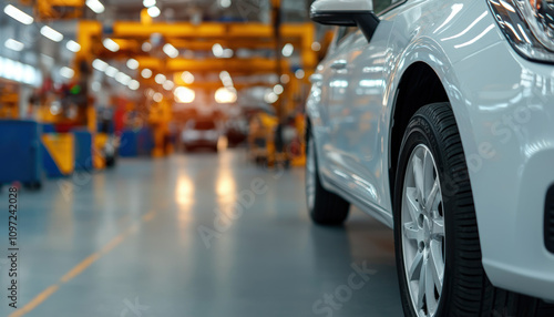 Wallpaper Mural A close-up view of a white car in an industrial setting, showcasing the wheel and floor of a factory with machinery in the background. Torontodigital.ca
