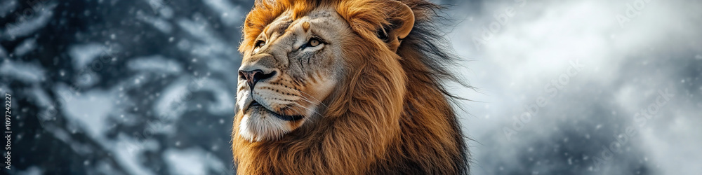 Fototapeta premium A lion stands proudly with its mane blowing in the wind.