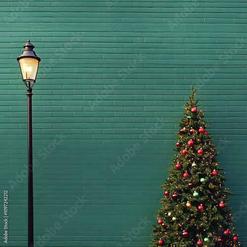 Christmas tree on the street under the lamp. Minimalistic concept.	