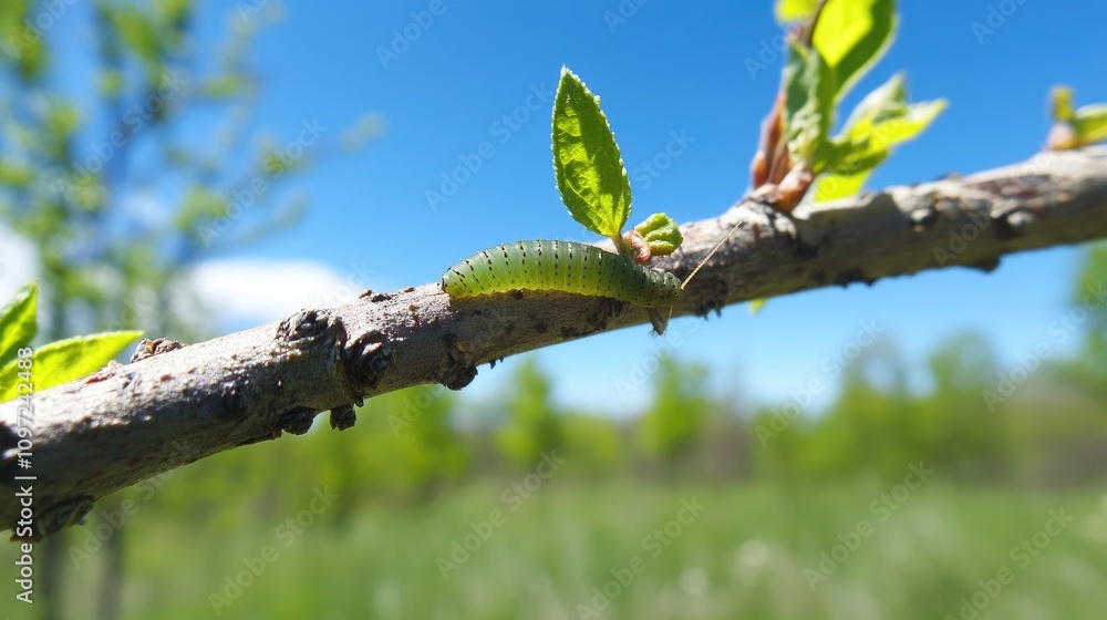 Green Caterpillar on Tree Branch Under Blue Sky and Green Leaves Green Caterpillar on Tree Branch Under Blue Sky and Green Leaves