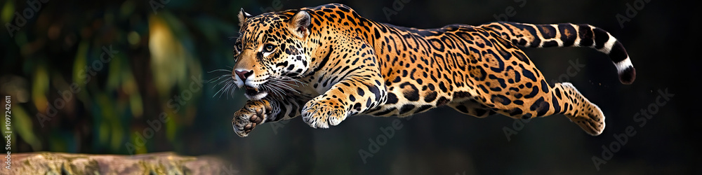 Obraz premium An athletic jaguar leaps through the air with remarkable speed and strength.